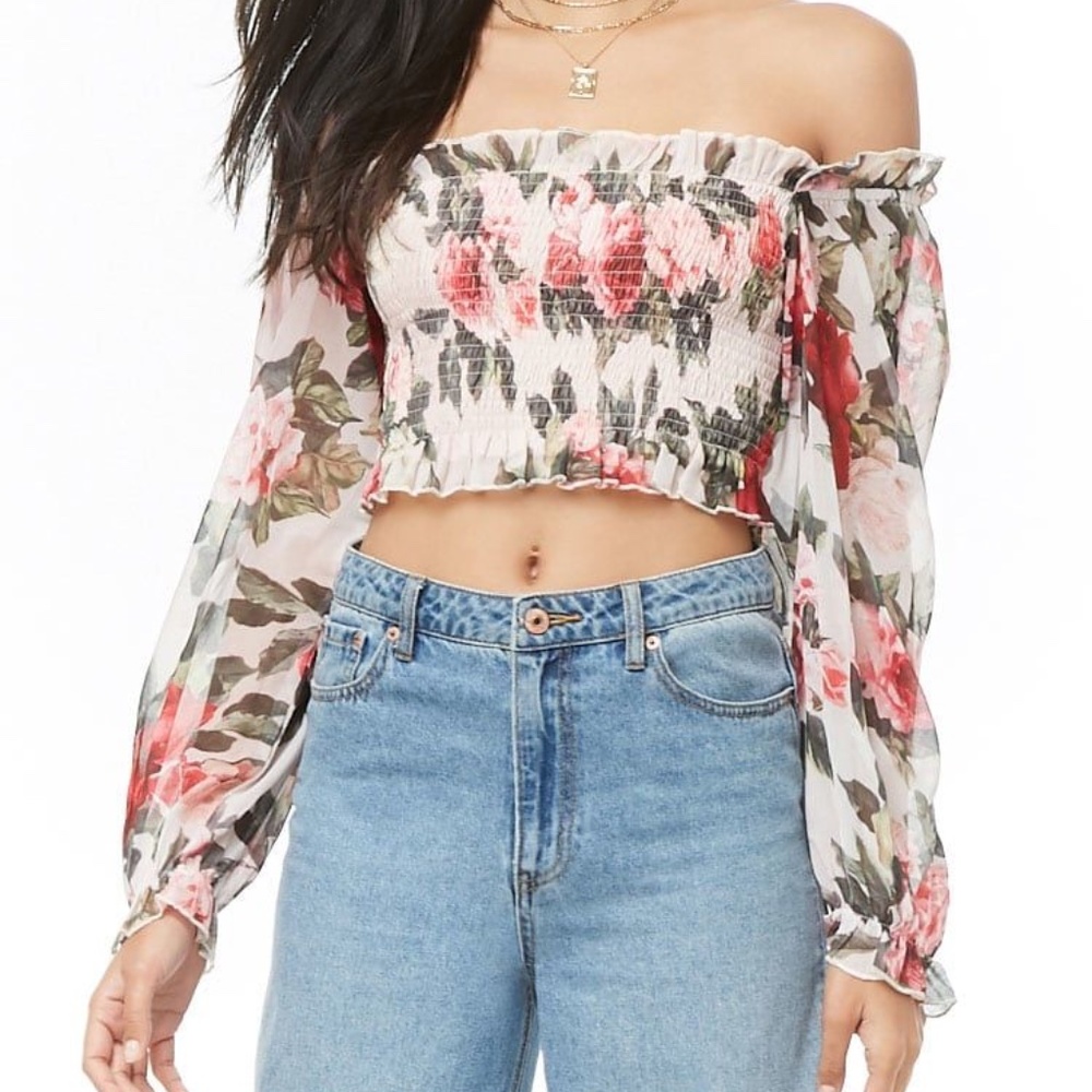 JJ's Fairyland Smocked Floral Off-Shoulder CropTop